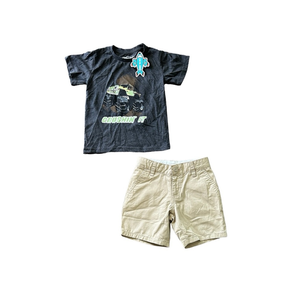 Boys matching set of Khaki shorts with Grey Monster truck Graphic Tee.